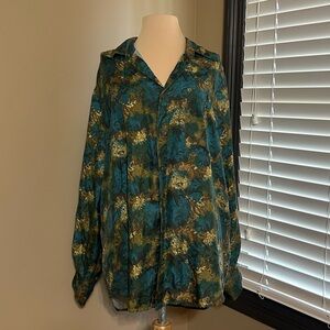 Porcini by Bribata Silk Teal and Gold Leaf Women's Blouse